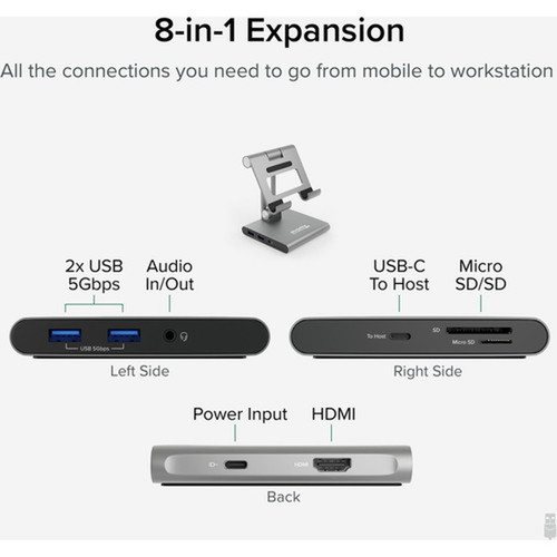 Plugable 8-in-1 USB C Docking Station for iPad with Stand 100W Pass-through Charging USB-C Hub - 1x HDMI 2x USB Audio and SD with UDS-7IN1