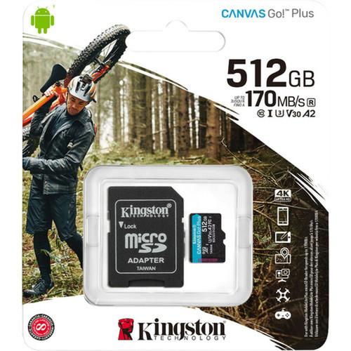 Kingston Canvas Go Plus SDCG3 512 GB Class 10UHS-I U3 microSDXC - 170 MBs Read - 90 MBs Write - Lifetime Warranty SDCG3512GB