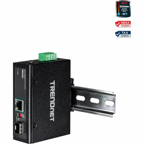 TRENDnet Hardened Industrial SFP to Gigabit UPoE Media Converter IP30 Rated Housing Includes DIN-rail  Wall Mounts Operating Temp TI-UF11SFP