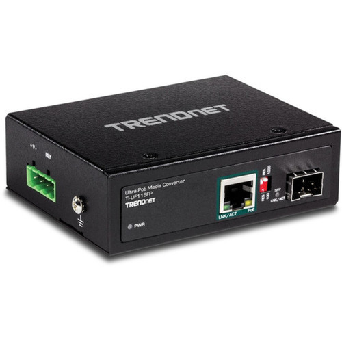 TRENDnet Hardened Industrial SFP to Gigabit UPoE Media Converter IP30 Rated Housing Includes DIN-rail  Wall Mounts Operating Temp TI-UF11SFP