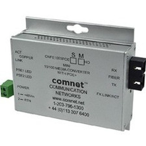 ComNet Industrially Hardened 100Mbps Media Converter with 48V POE Mini - Network RJ-45 - 1x PoE RJ-45 Ports - 2 x SC Ports - - - CNFE1003POEMHOM