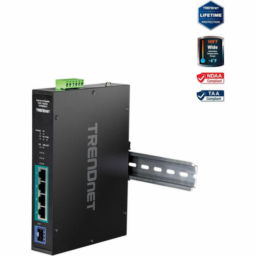 TRENDnet 5-port Industrial Gigabit PoE DIN-Rail Switch -20deg - 65degC -4deg - 149degF - 5 Ports - Gigabit Ethernet - - TAA TI-PGM541