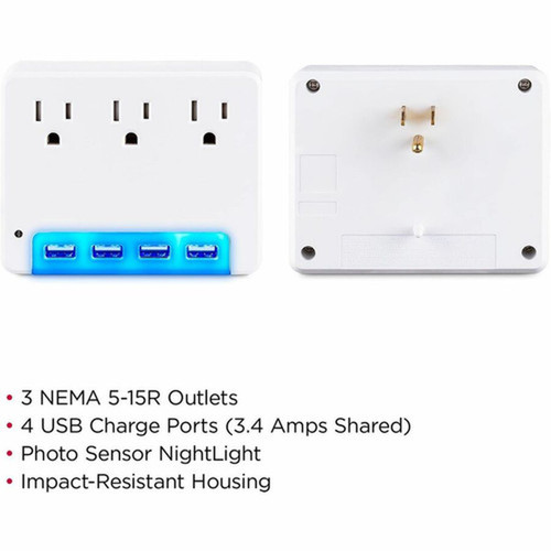 CyberPower Professional P3WUN 3-Outlet Surge SuppressorProtector - 3 x NEMA 5-15R 4 x USB - 120 V Input P3WUN