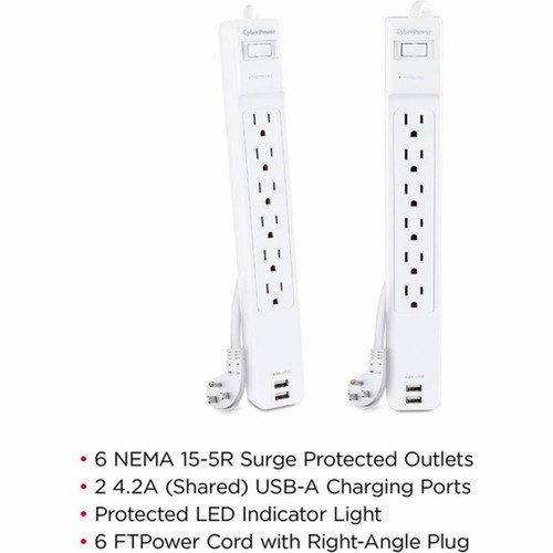 CyberPower Professional CSP606U42A Surge SuppressorProtector - 6 x NEMA 5-15R 2 x USB - 900 J - 125 V AC Input - 45 kA - 6 ft CSP606U42A