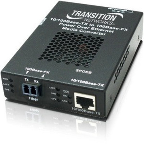 Transition Networks Stand-alone Fast Ethernet PoE Media Converter - Network RJ-45 - 1x PoE RJ-45 Ports - 1 x ST Ports - DuplexST - SPOEB1011-105-NA