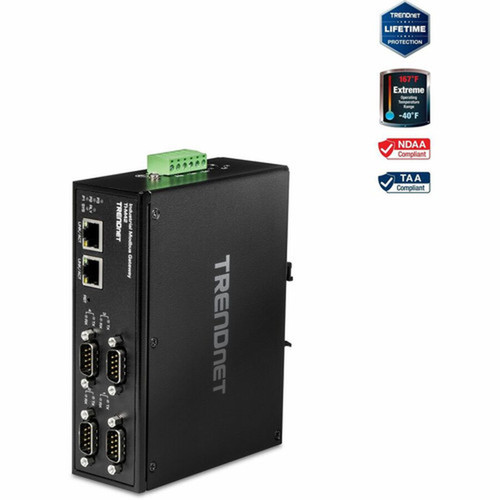 TRENDnet 4-Port Industrial Modbus Gateway - Twisted Pair - 2 x Network RJ-45 - 4 x Serial Port - 10100Base-TX - Fast Ethernet - DIN TI-M42