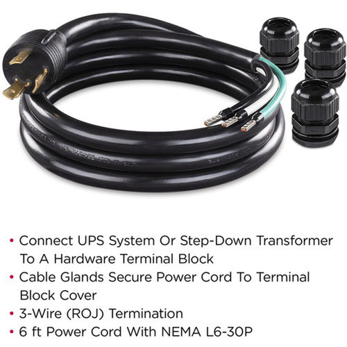 CyberPower Hardwire Power Cord 208VAC 6ft NEMA L6-30P to 3-wire ROJ 10AWG 3x cable glands - For UPS Transformer - 208 V AC  30 A - L630PHW6FT