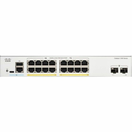 Cisco C1300-16P-2G Catalyst Managed Ethernet Switch - 16 Port PoE+ Gigabit - 2 SFP Uplinks - Layer 3120W PoE Budget - 1U Rack-Mountable