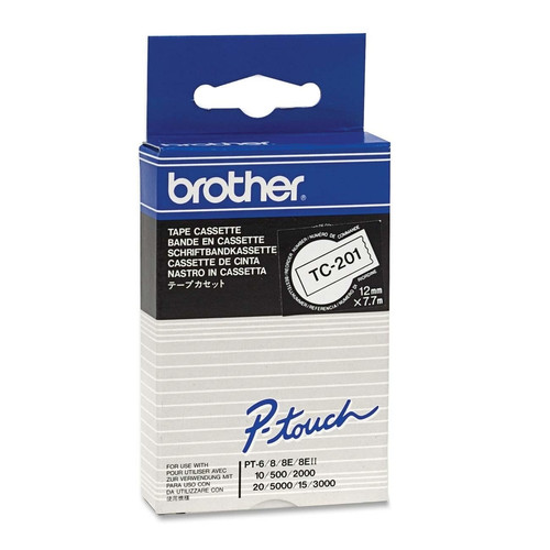 Brother P-touch TC201 Label Tape - Permanent Adhesive - 15/32" Width x 26 1/4 ft Length - Rectangle - White, Black - 1 Each (Fleet Network)