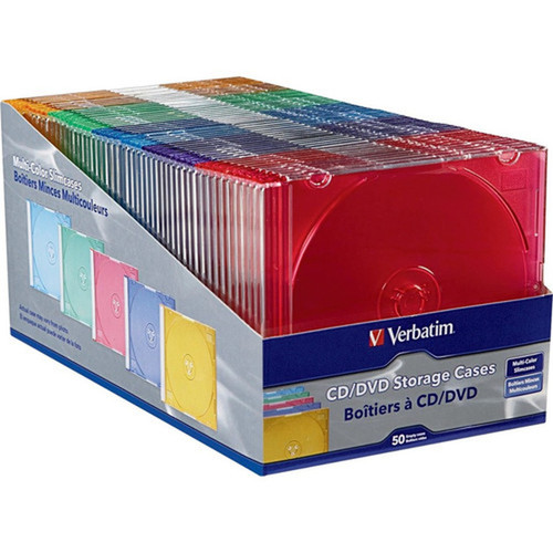 Verbatim CDDVD Color Slim Jewel Cases Assorted - 50pk - Jewel Case - Book Fold - Plastic - Blue Green Pink Purple Yellow - 1 94178