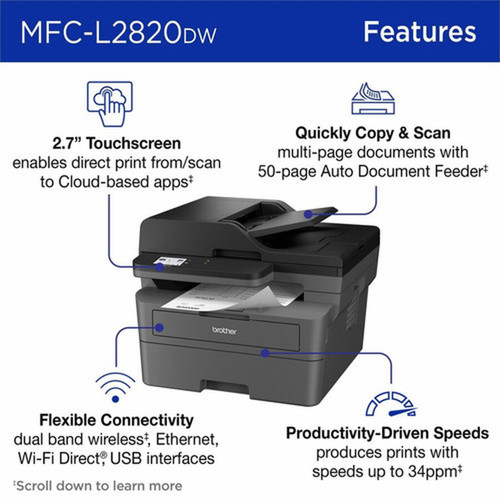 Brother MFC-L2820DW Wireless Laser Multifunction Printer - Monochrome - Gray - CopierFaxPrinterScanner - 34 ppm Mono79 ppm Color MFCL2820DW