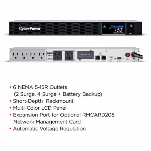 CyberPower PFC Sinewave CP500PFCRM1U 500VA Rack-mountable UPS - 1U Rack-mountable - AVR - 8 Hour Recharge - 2 Minute Stand-by - 120 V CP500PFCRM1U