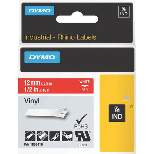 Dymo White on Red Color Coded Label - 1532 Width - Permanent Adhesive - Rectangle - Thermal Transfer - Red White - Vinyl - Water - 1805416
