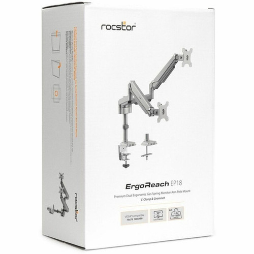 Rocstor ErgoReach Mounting Arm for LED Display LCD Display Monitor - Silver - LandscapePortrait - 2 Displays Supported - 32 - kg Y10N023-S1