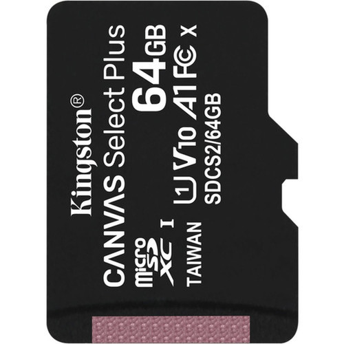 Kingston Canvas Select Plus SDCS2 64 GB Class 10UHS-I U1 microSDXC - 1 Pack - 100 MBs Read - Lifetime Warranty SDCS264GBSP