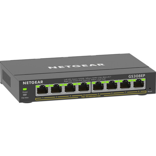 Netgear 8-Port Gigabit Ethernet PoE Smart Managed Plus Switch - 8 Ports - Manageable - 2 Layer Supported - 62 W PoE Budget - Twisted GS308EP-100NAS