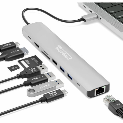 Plugable 9-in-1 USB-C Hub with 4K HDMI 140W Pass-Through Charging - Charging Capability - Memory Card Reader - SD microSD SDHC - C USBC-9IN1E