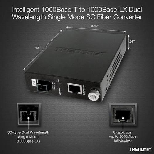 TRENDnet Intelligent 1000Base-T to 1000Base-LX Dual Wavelength Single Mode SC Fiber Media Converter 10km62miles Fiber to Ethernet TFC-1000S10D5