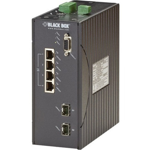 Black Box Hardened Managed Ethernet Switch 4 10100-Mbps PoE 2 GE SFP DIN-Rail DC - 4 Ports - Manageable - Fast Ethernet - - LEH1104A-2GSFP