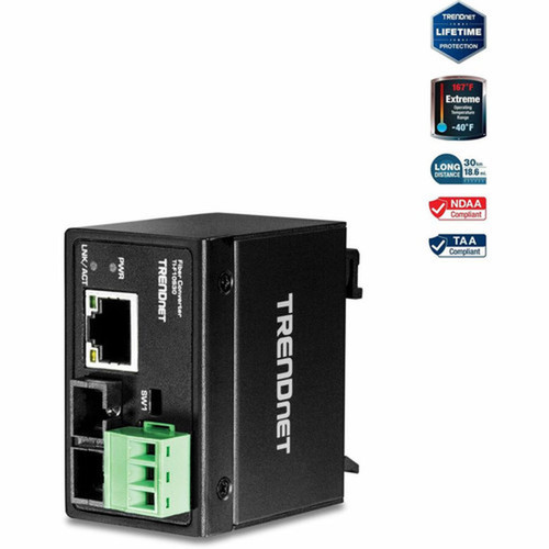 TRENDnet Hardened Industrial 100Base-FX Single-Mode SC Fiber Converter 30 km 186 Miles IP40 Rated Housing TI-F10S30 - Fiber 30 TI-F10S30