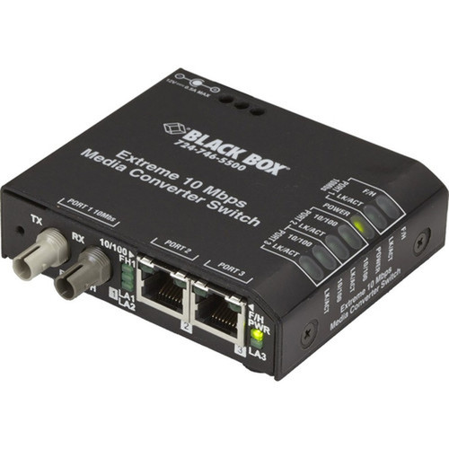 Black Box LBH100 TransceiverMedia Converter - 2 x Network RJ-45 - 1 x ST Ports - Multi-mode - 003 mil 0 mm Fiber - Fast Ethernet LBH110A-P-ST