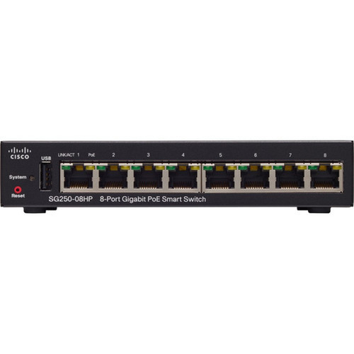 Cisco SG250-08HP 8-Port Gigabit PoE Smart Switch - 8 Ports - Manageable - Gigabit Ethernet - 1000Base-X - 2 Layer Supported - Twisted SG250-08HP-K9-NA