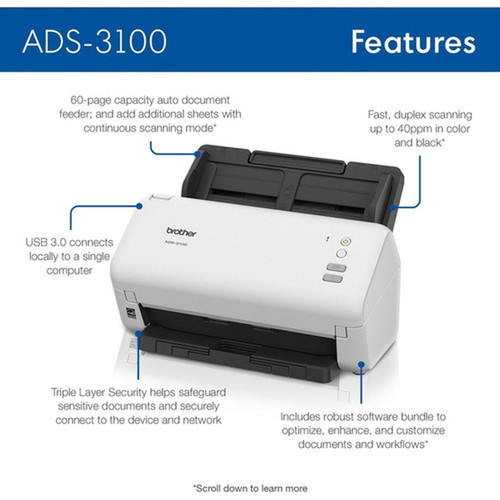 Brother ADS-3100 Sheetfed Scanner - 600 x 600 dpi Optical - 48-bit Color - 40 ppm Mono - 40 ppm Color - Duplex Scanning - USB ADS3100