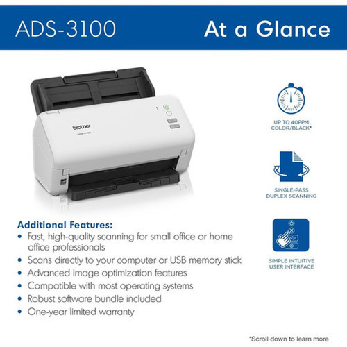Brother ADS-3100 Sheetfed Scanner - 600 x 600 dpi Optical - 48-bit Color - 40 ppm Mono - 40 ppm Color - Duplex Scanning - USB ADS3100