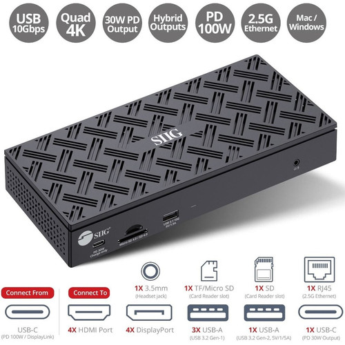 SIIG USB-C Quad Hybrid 4K Video Docking Station with PD - for TV/Monitor/Notebook/Desktop PC - Memory Card Reader - SD, microSD - 100 (Fleet Network)