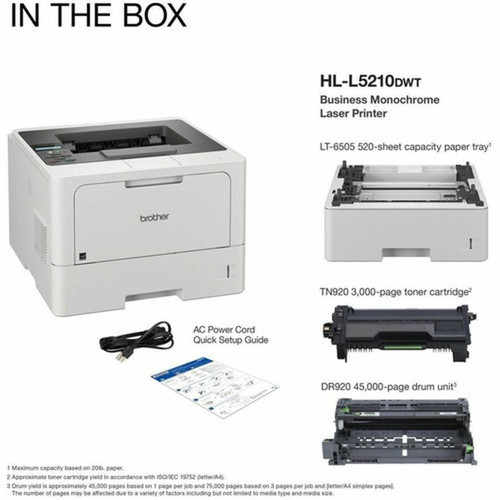 Brother HL-L5210DW Desktop Wireless Laser Printer - Monochrome - 48 ppm Mono - 1200 x 1200 dpi Print - Automatic Duplex Print - 870 - HLL5210DWT