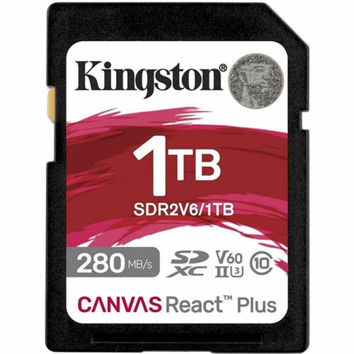 Kingston Canvas React Plus 1 TB Class 10UHS-II U3 V60 SDXC - 280 MBs Read - 150 MBs Write SDR2V61TB