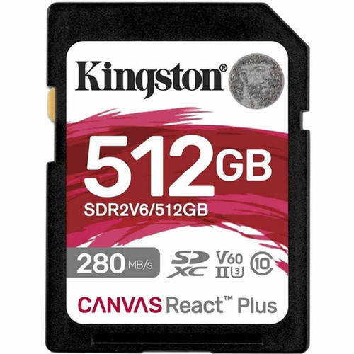 Kingston Canvas React Plus 512 GB Class 10UHS-II U3 V60 SDXC - 280 MBs Read - 150 MBs Write - Lifetime Warranty SDR2V6512GB