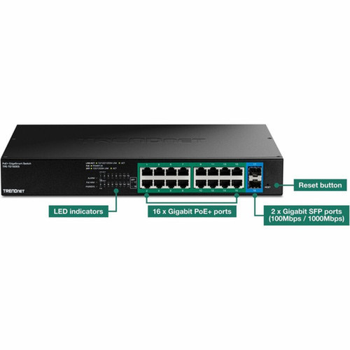 TRENDnet 18-Port Gigabit EdgeSmart PoE Switch - 16 Ports - Manageable - Gigabit Ethernet - 1000Base-T 1000Base-X - 2 Layer Supported TPE-TG182ES