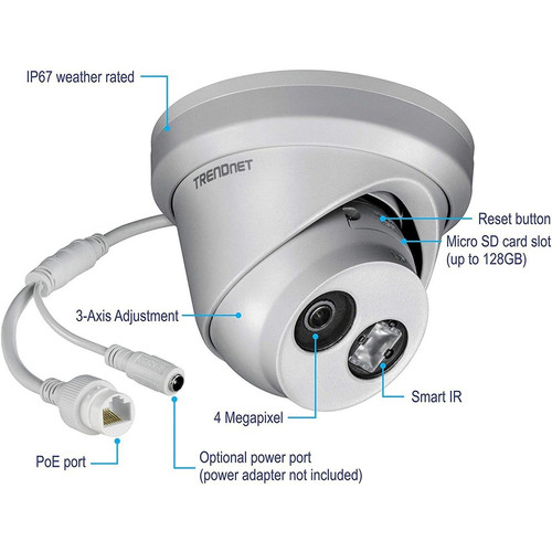 TRENDnet TV-IP323PI Indoor/Outdoor 4MP H. 265 PoE IR Turret Network Camera - 2560 x 1440 - WDR - 98ft Night Vision