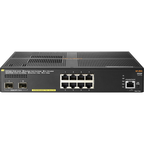 HPE JL692A 2930F 8G PoE+ 2SFP+ TAA Switch - 8 Port Gigabit PoE+ - 2 SFP+ Uplinks - Layer 3 Managed - 1U Rack-Mountable