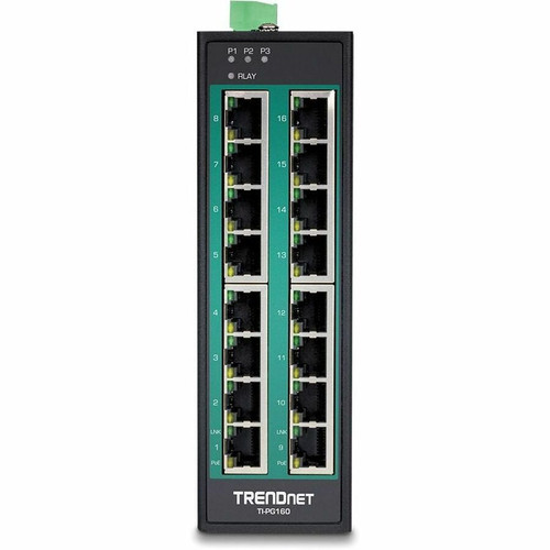 TRENDnet TI-PG160I 16-Port Industrial Gigabit PoE+ DIN-Rail Managed Switch - 240W Budget - Layer 2 - Metal IP30