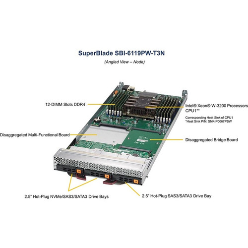 Supermicro SBI-6119PW-T3N SuperBlade Server Barebone - Single Socket LGA-3647 - Intel C622 Chipset - 3TB DDR4 - 10GbE - Blade Form Factor