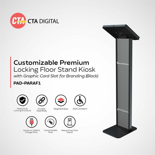 CTA Digital PAD-PARAF1 Premium Locking Floor Stand Kiosk with Graphic Card Slot for 10. 2-in iPad 7th/8th/9th Gen - Black Steel Security Enclosure
