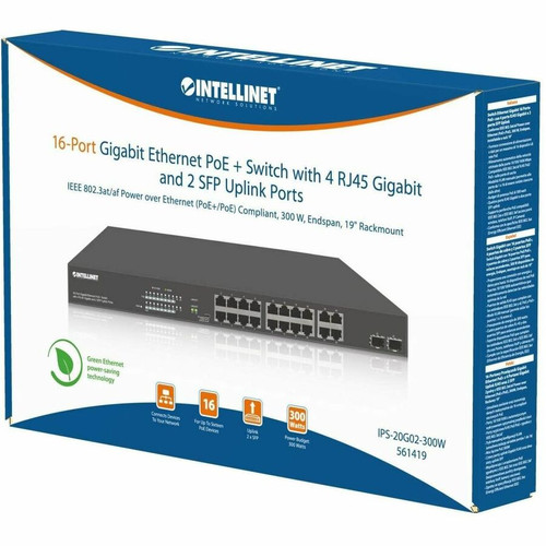 Intellinet 561419 16-Port Gigabit PoE+ Switch - 20 Ports - 300W PoE Budget - 2 SFP Uplinks - Layer 2 - Rack-Mountable