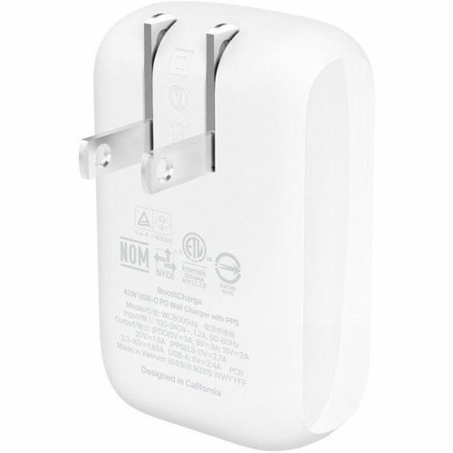 Belkin WCB009DQ1MWH-B6 BoostCharge Dual Wall Charger 42W - 3 ft USB-C Cable - 120/230V AC Input - 5/9/15/20V DC Output - White