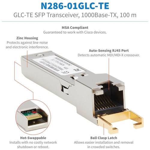 Tripp Lite series Cisco SFP (mini-GBIC) Module - For Data Networking - 1 x RJ-45 1000Base-TX LAN - Twisted PairGigabit Ethernet - - (N286-01GLC-TE)
