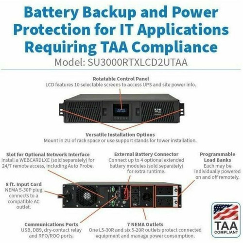 Tripp Lite by Eaton SU3000RTXLCD2UTAA SmartOnline 3000VA 2. 70kW 2U Rack/Tower Online UPS - Pure Sine Wave - 6 Outlets - LCD Display