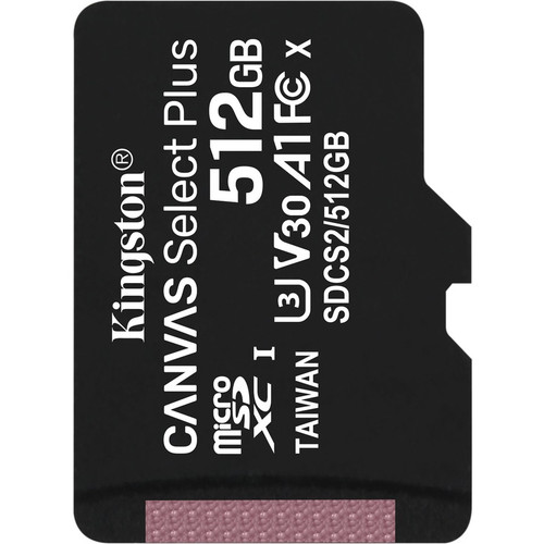 Kingston Canvas Select Plus SDCS2 512 GB Class 10/UHS-I (U3) microSDXC - 1 - 100 MB/s Read - 85 MB/s Write - Lifetime Warranty (Fleet Network)
