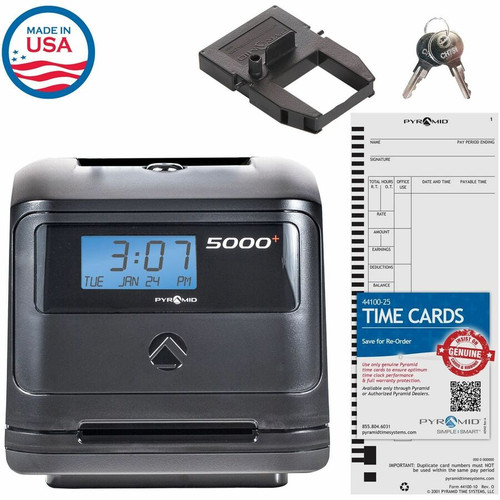 Pyramid Time Systems 5000 Auto Totaling Time Clock - Card Punch/Stamp - 100 Employees - Week, Bi-weekly, Semi-monthly, Month Record (Fleet Network)