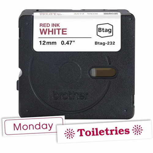 Brother P-touch BTAG-232 Red on White Label Tape - x 15/32" (12 mm) Width x 13 1/8 ft (4 m) Length - Red On White - Water Resistant - (Fleet Network)