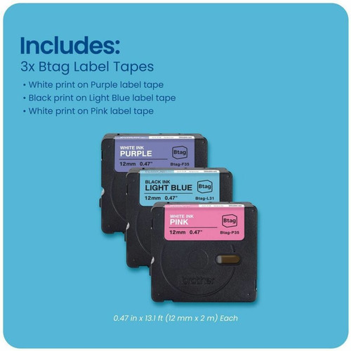 Brother P-touch Label Tape - 15/32" (12 mm) Width x 13 1/8 ft (4 m) Length - White on Purple, Black on Light Blue, White on Pink - - - (BTAG3M02)