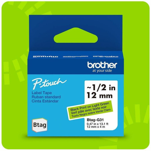 Brother P-touch BTAG-G31 Black on Light Green Label Tape - x 15/32" (12 mm) Width x 13 1/8 ft (4 m) Length - Light Green - Plastic - - (BTAGG31)