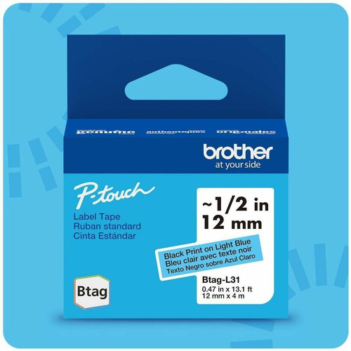 Brother P-touch BTAG-L31 Black on Light Blue Label Tape - x 15/32" (12 mm) Width x 13 1/8 ft (4 m) Length - Black on Light Blue - - - (BTAGL31)