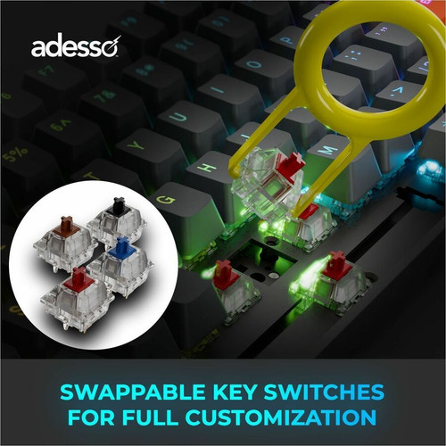 Adesso EASYTOUCH 1100 Keyboard - Wired/Wireless Bluetooth/RF - 88-Key Compact - RGB Backlit - Red Switch - Gray