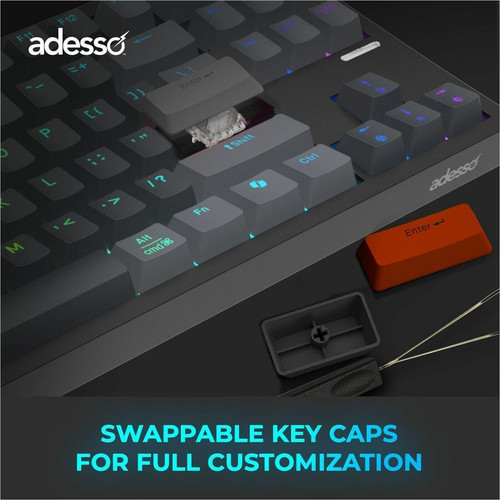 Adesso EASYTOUCH 1100 Keyboard - Wired/Wireless Bluetooth/RF - 88-Key Compact - RGB Backlit - Red Switch - Gray